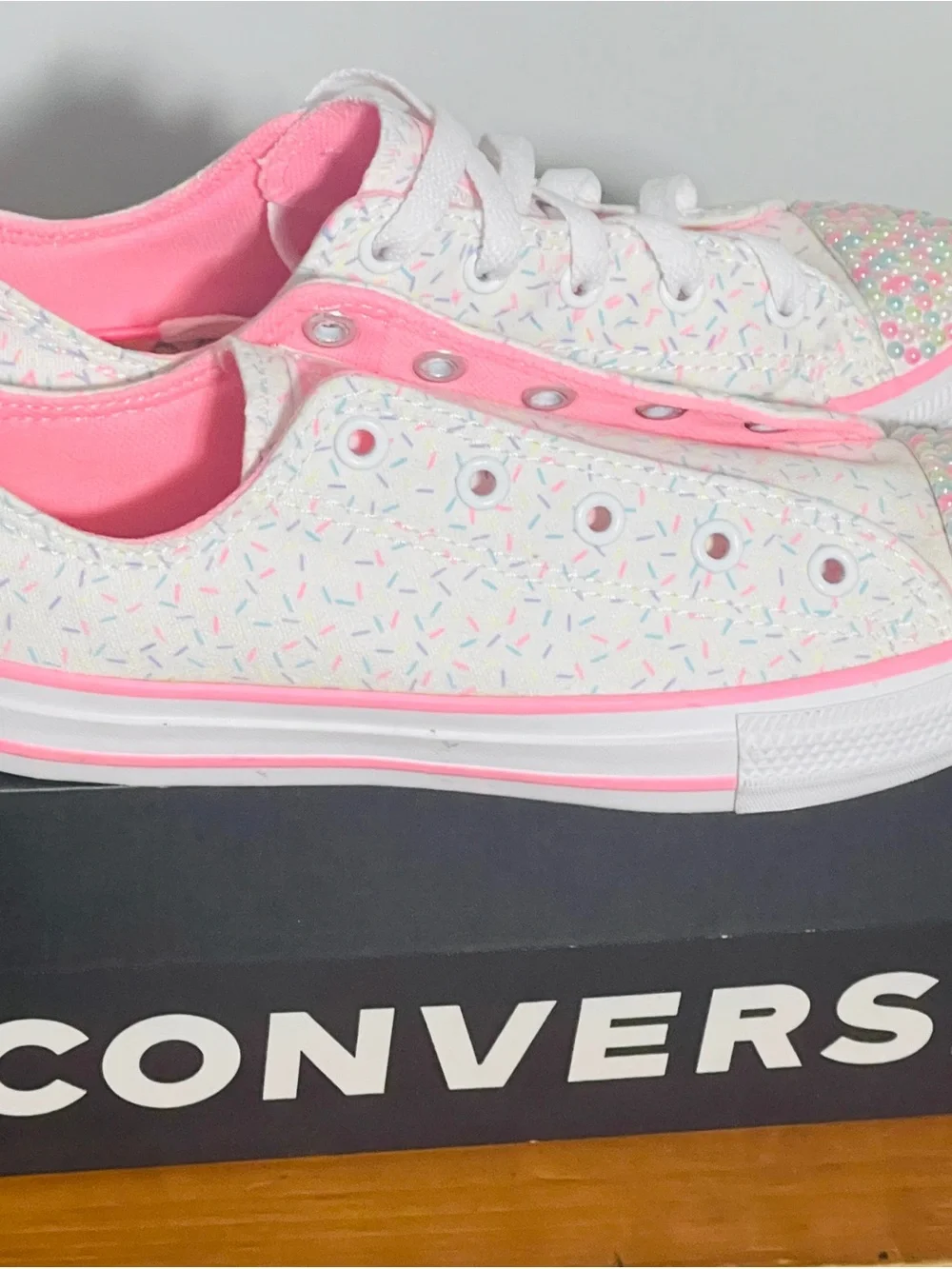 Converse Kids White Sneakers with Pink Trim and Pastel Sprinkle Print